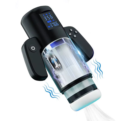 Automatic Telescopic Male Masturbator Handle Control Heated Masturbation Cup with 4 Sucking & 4 Thrusting & 9 Vibrating Sex Toys